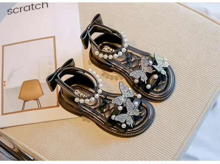 Kids Roman Sandals 2024 New Girls'  Princess Shoes with Butterfly Girl Fashion Sweet Pearl Beach Shoes with Back Knot Anti Slip