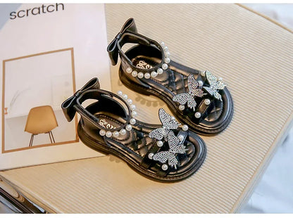 Kids Roman Sandals 2024 New Girls'  Princess Shoes with Butterfly Girl Fashion Sweet Pearl Beach Shoes with Back Knot Anti Slip