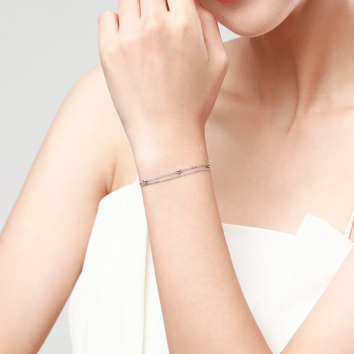 Silver Double Layer Beads Link Chain 100% 925 Sterling Silver Trendy Simple Female Bracelet For Women Wedding Jewelry