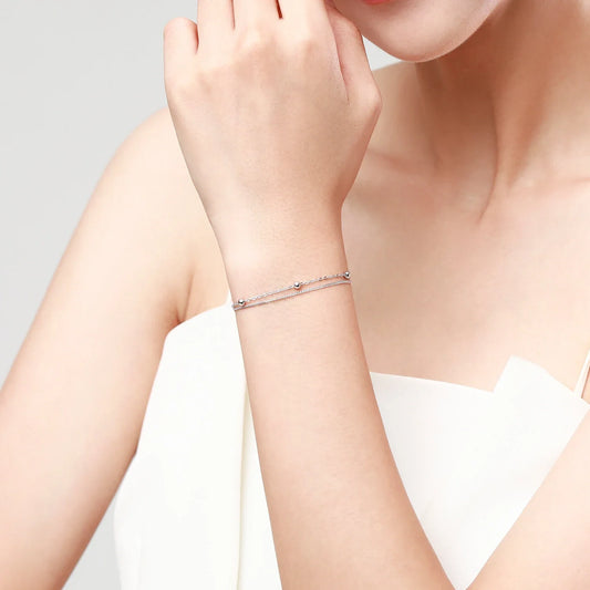 Silver Double Layer Beads Link Chain 100% 925 Sterling Silver Trendy Simple Female Bracelet For Women Wedding Jewelry