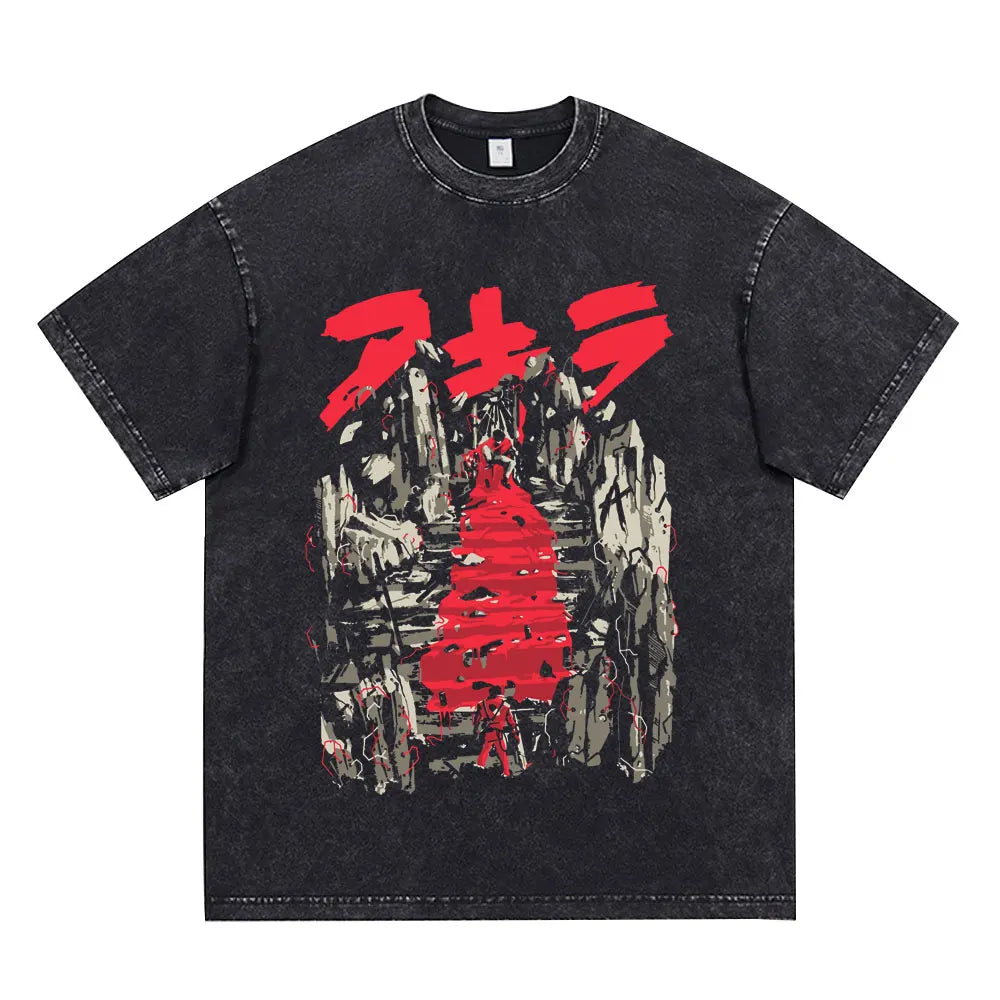 Japanese Anime Akira Washed Vintage T Shirt Science Fiction Cartoon Movie Shotaro Kaneda T-shirt Men Women Cotton Casual T-shirt