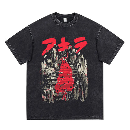 Japanese Anime Akira Washed Vintage T Shirt Science Fiction Cartoon Movie Shotaro Kaneda T-shirt Men Women Cotton Casual T-shirt