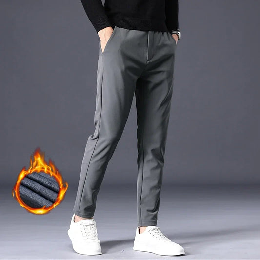 Fleece Pants Thick Men's Winter New Stretch Slim Business Warm Korean Fashion Plush Classic Trousers Male Brand 28-38