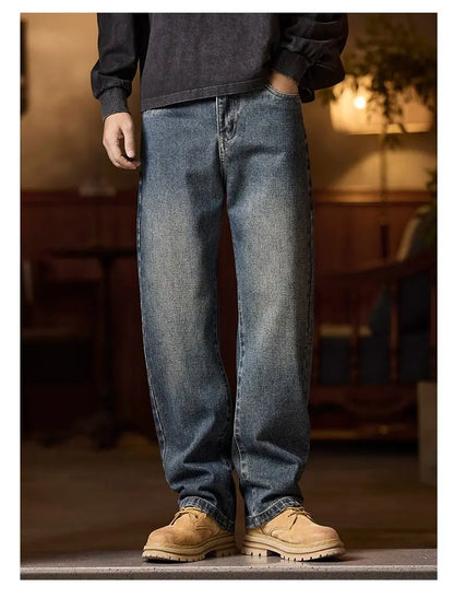 American Men's Y2K Retro Blue Denim Jeans Autumn Spring Relaxed Fit Korean Streetwear Casual Wide-leg Pants with Spliced Pockets