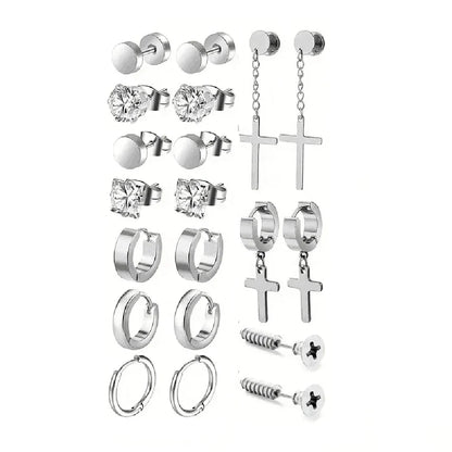 Simple Stainless Steel Zircon Stud Earrings For Men, Cross Pendant Hoop Earrings For Daily Wear