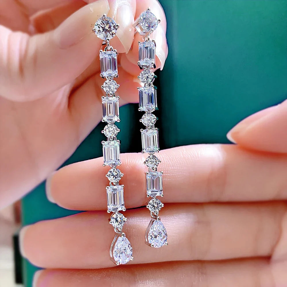 Pear/Emerald/Round Cut Full Moissanite/high Carbon Diamond Drop Earrings 100% 925 Sterling Silver Long Tassel Earrings for Women
