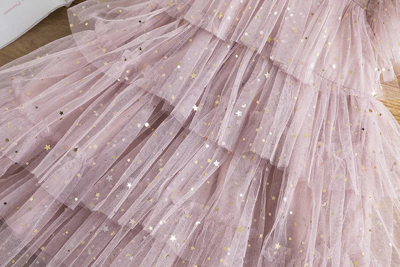 Summer Sweet and Cute Children's Clothing Sequin Decoration Mesh Cake Dress Birthday Party Girls' Dress New Year