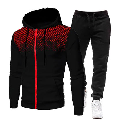 2025 New Men's Sports Set Spring and Autumn Outdoor Running Clothing Dot Print Zipper Hoodie Sports Pants Two Piece Set