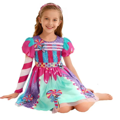 Presente Clássico para Festa de Carnaval de Purim para Meninas Vestido Arco-Íris Assimétrico Longo e Curto com Manga Doce Conjunto de Vestidos Fofos para Férias de Natal