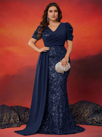 Plus Size Elegant Short Sleeve Sequins Formal Evening Dresses Women Luxury Mermaid Wedding Party Bridesmaid Gowns
