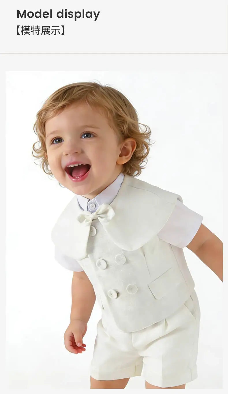 Boys White Linen Suit Set Summer Short Sleeve shawl  Vest & suspenders Shorts Gentleman Outfit for Wedding Party Occasions