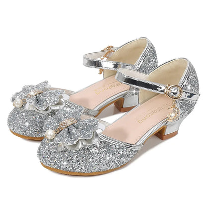 Children's Sandals for Party Wedding Elegant Bowknot Kids Girls Versatile Sequins High-heels Fashion Pearl Princess Single Shoes