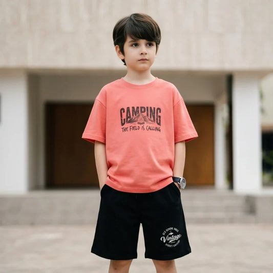 Boys 2PCS Cotton Outfit Set Mountain Print Short Sleeve Tee + Elastic Waist Shorts Camping Summer Set LH21