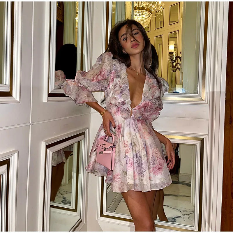 Fashion Flower Printed Ruffles Mini Dress For Women Chic Chiffon Bodycon High Waist Vestidos 2025 Lady Vacation Street Gowns New