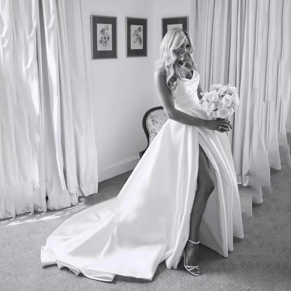 Customized Plus Size A Line Satin Strapless Wedding Dress V Neck Pleats High Side Slit Floor Length Bride Gowns Bridal Dres
