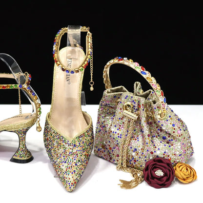 Pointed Shoes Bag Soft Handle Bag Anklet Design Medium Heel Ladies Shoes Suitable for Wedding Party