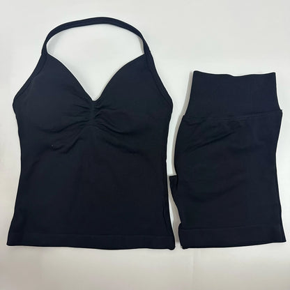 Women Yoga Set Seamless Yoga Longline Strappy Tank Top Scrunch Sports Shorts Gym Clothes Woman Summer Workout Outfit