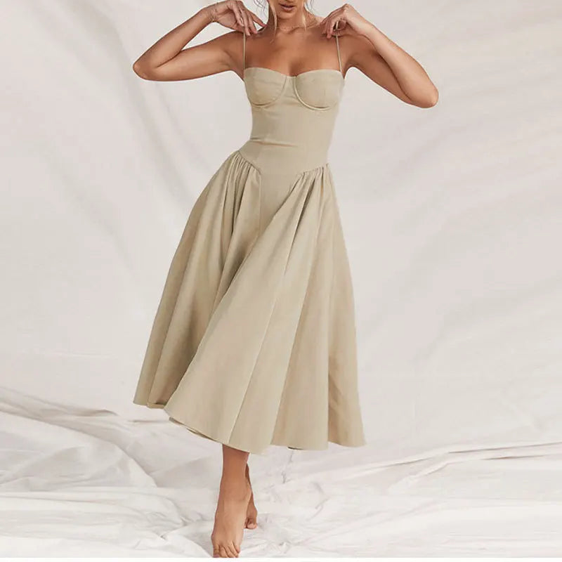 Women Elegant Sleeveless Backless Pleated Dresses Lady Sexy Solid Sling Midi Dress 2024 Female Party Evening A-line Robes