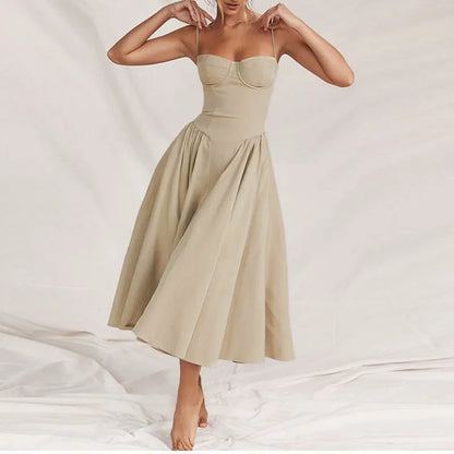 Women Elegant Sleeveless Backless Pleated Dresses Lady Sexy Solid Sling Midi Dress 2024 Female Party Evening A-line Robes