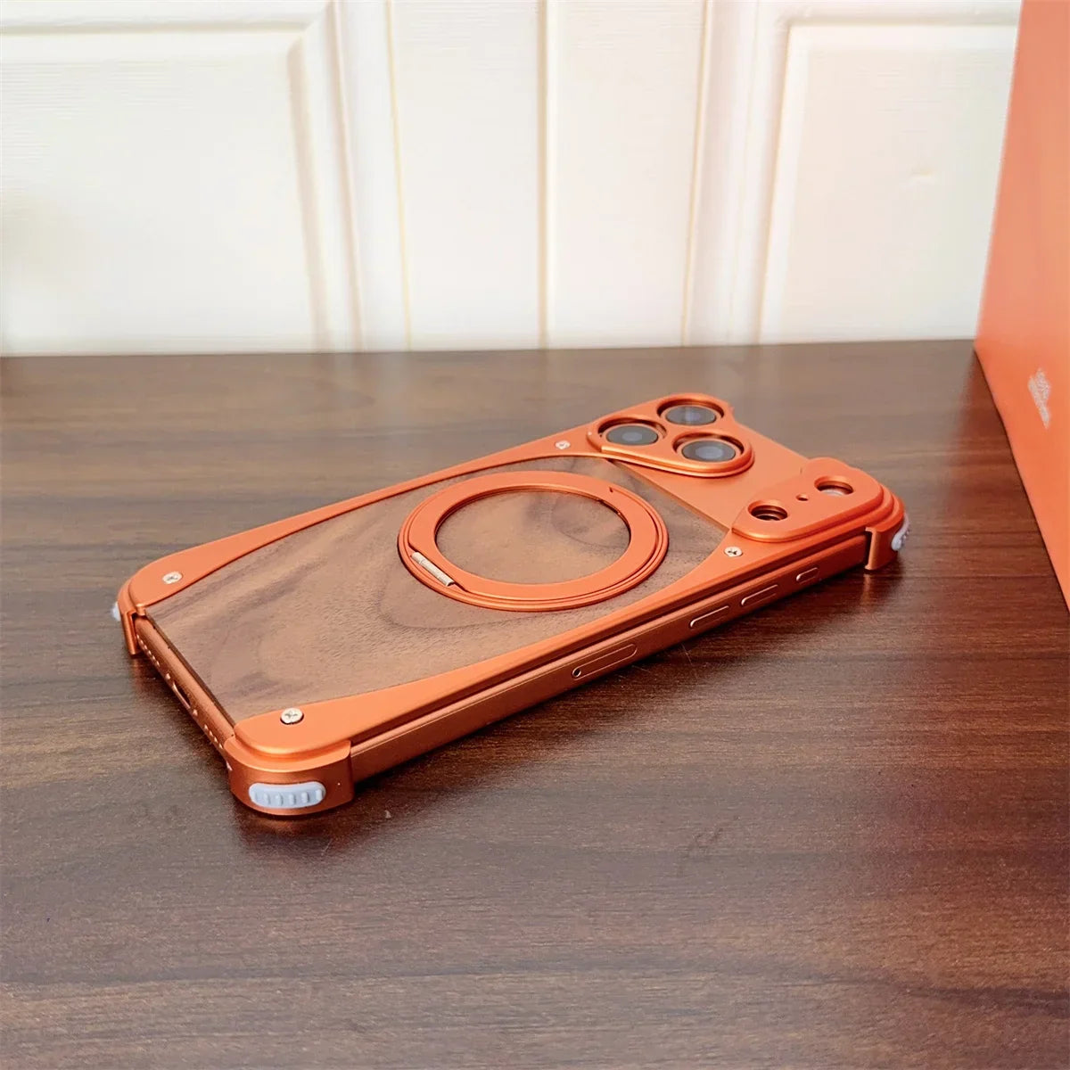 Walnut Wood Metal Aluminum Phone Case For iPhone 17 Pro 17 Pro Max Magnetic Bracket Shockproof Drop-proof Protection Cover