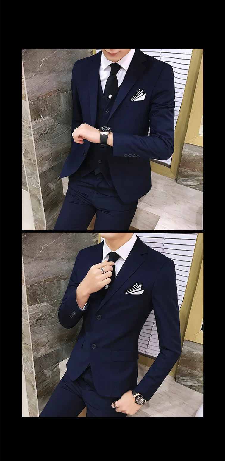 Suit (Blazer+vest+pants) Men's Fashion Business Korean Version of Solid Color Slim-fit Wedding Professional Gentleman Dress 6XL