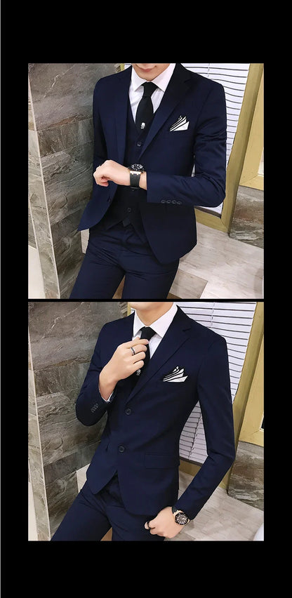 Suit (Blazer+vest+pants) Men's Fashion Business Korean Version of Solid Color Slim-fit Wedding Professional Gentleman Dress 6XL