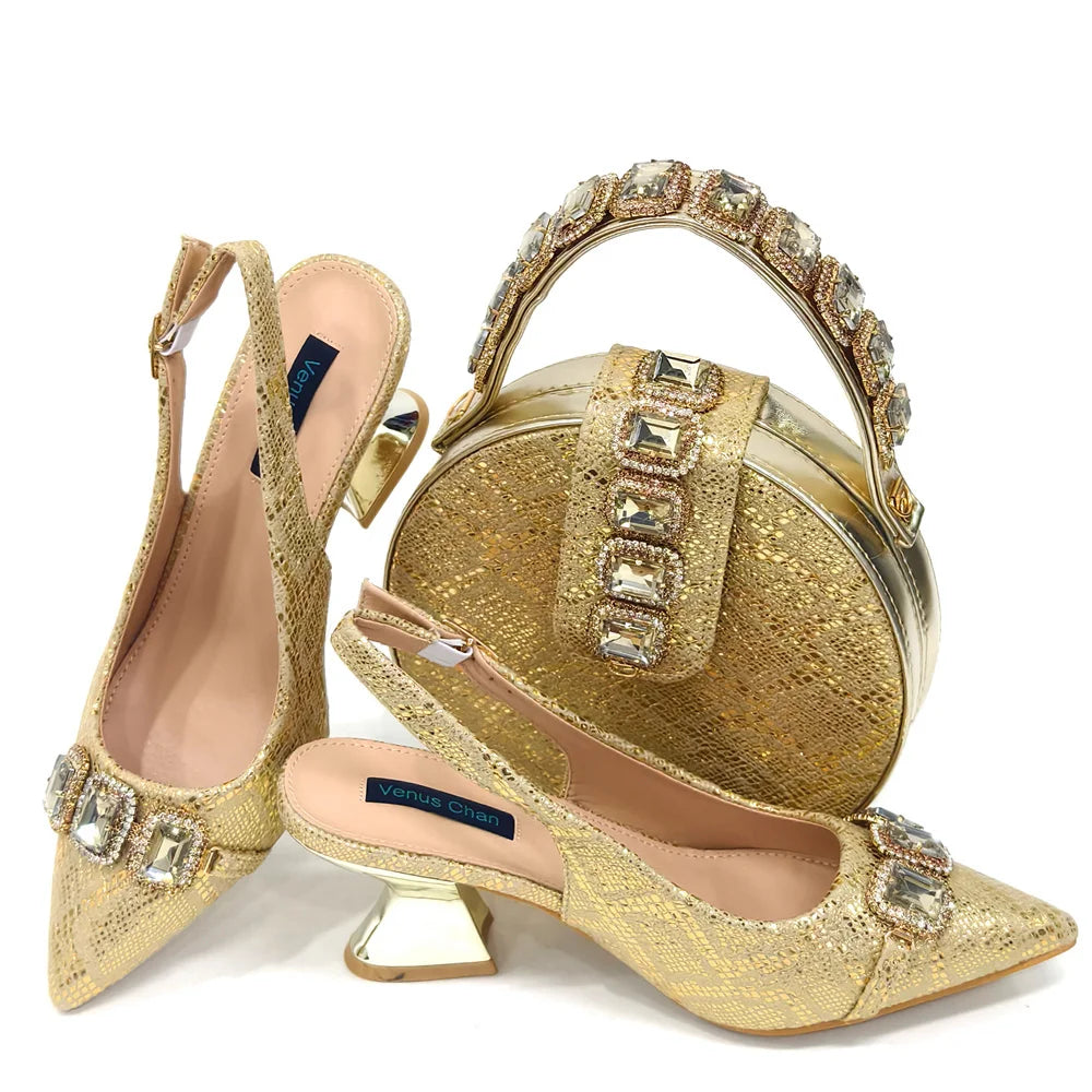 Rhinestone Pointed-Toe High Heels Shoes and Bags Set for Women Wedding and Party Elegant Luxury Fashion in Wine Color