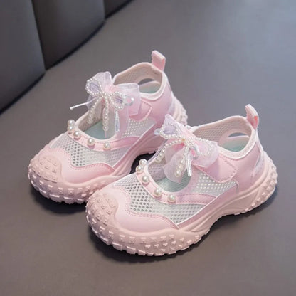 Girls Sports Sandals Sweet Lace Bows Beading Kids Casual Shoes Mesh Breathable Soft 2026 Summer New Children Princess Sandals