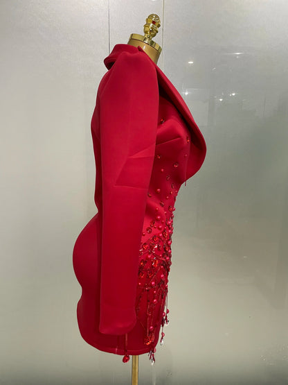 Crystal Chains Pearls Long Sleeve Mini Dress 2025 Women Birthday Evening Party Nightclub Outfit Singer Wedding Costume