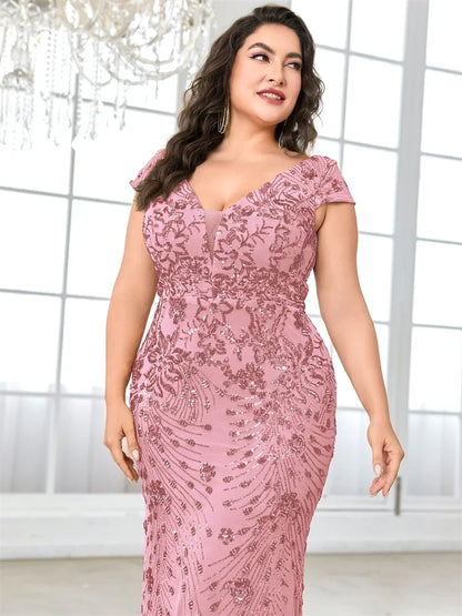 Vestidos de Noite Elegantes Rosa Plus Size com Decote em V e Lantejoulas até o Chão, com Manga Curta, para Madrinhas, Festas e Coquetéis