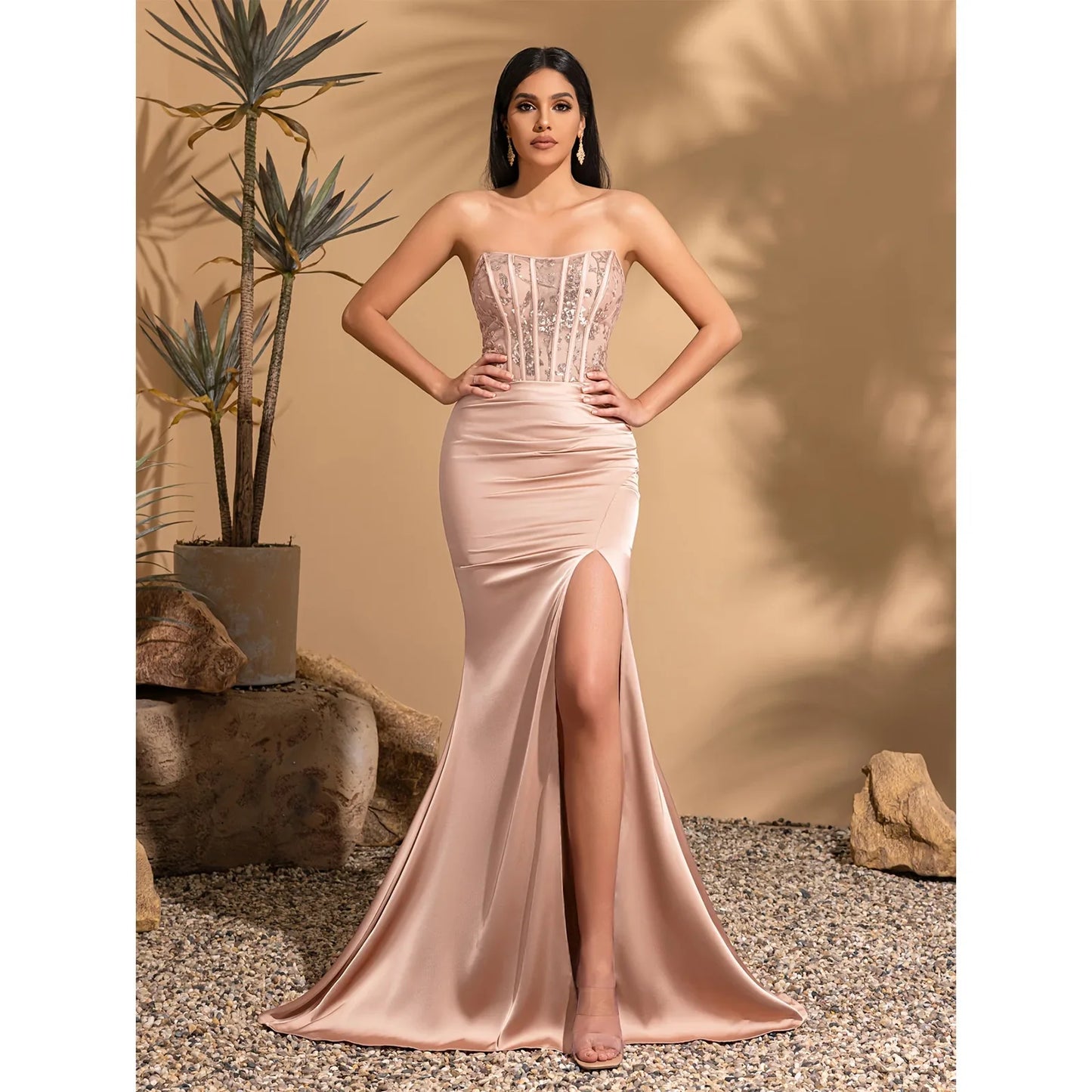Strapless fishbone decoration pleated slit satin mermaid dress, elegant and chic dress