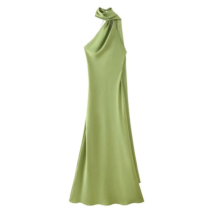 Elegant Women's Soft Silk Satin Long Dress Halter Backless Sleeveless Maxi Dresses Summer Lady Long Ribbon Party Gowns