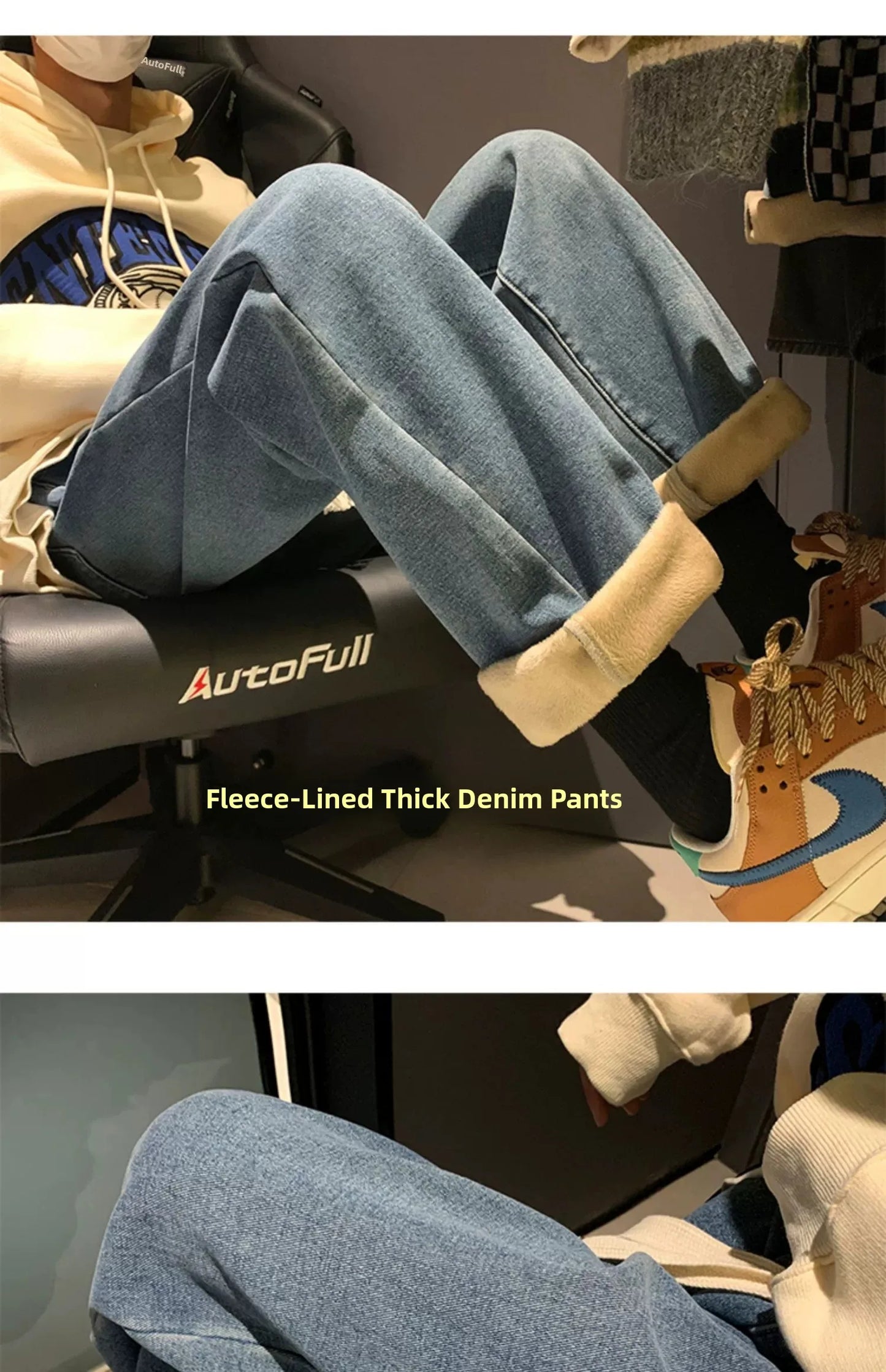 Thiened Fce Dstring Jeans Women's Winter New Sle Warm Straight Leg Loose Wide Leg High Waist Jeans Cotton Stretch D...