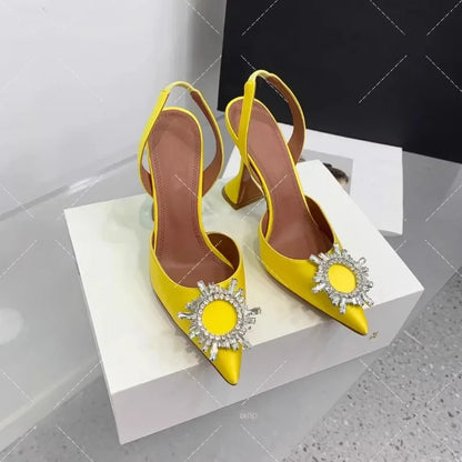 Women's Sandals 2026 New Sun Button Water Diamond Pointed High Heels Fashionable Banquet Wine Glass and Baotou Sandals