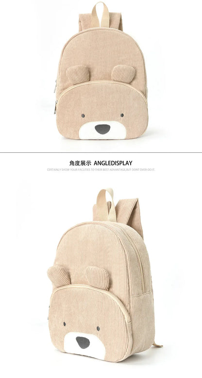 Customized Name Toddler Backpack - Cartoon Bear Corduroy Bag with Large Capacity, Embroidered Name Plush Backpack for Kids