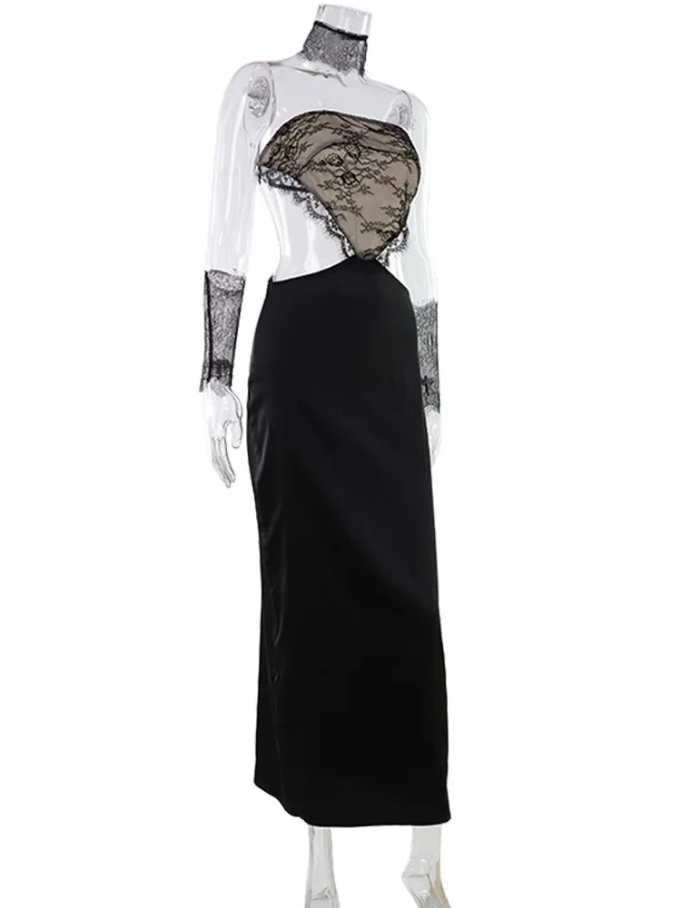 Hollow Out Strapless Lace Patchwork Hip Wrap Sexy Club Women Dresses Sheath Bodycon Fashion Female Outfits Party Slim