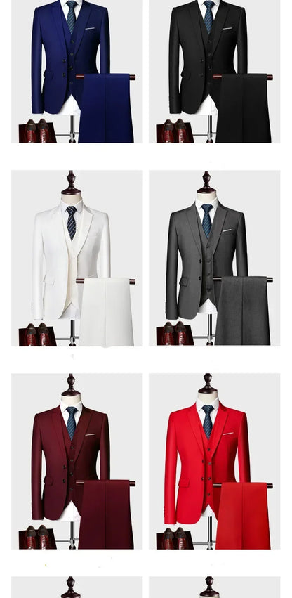 ( Jacket +Vest+ Pants ) Luxury Men's High-end Brand Solid Color Business Office Suit 3Pcs & 2Pcs Groom Wedding Party Suit Tuxedo