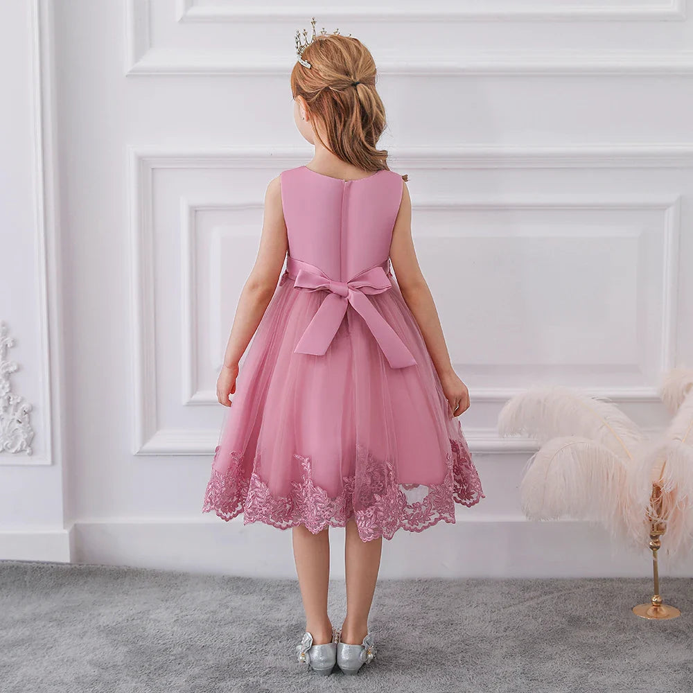 Summer Lace Bow Girls Princess Dress Fisrt Communion Children Pageant Party Dresses Evening Prom Dresses Vestidos Kids Clothes