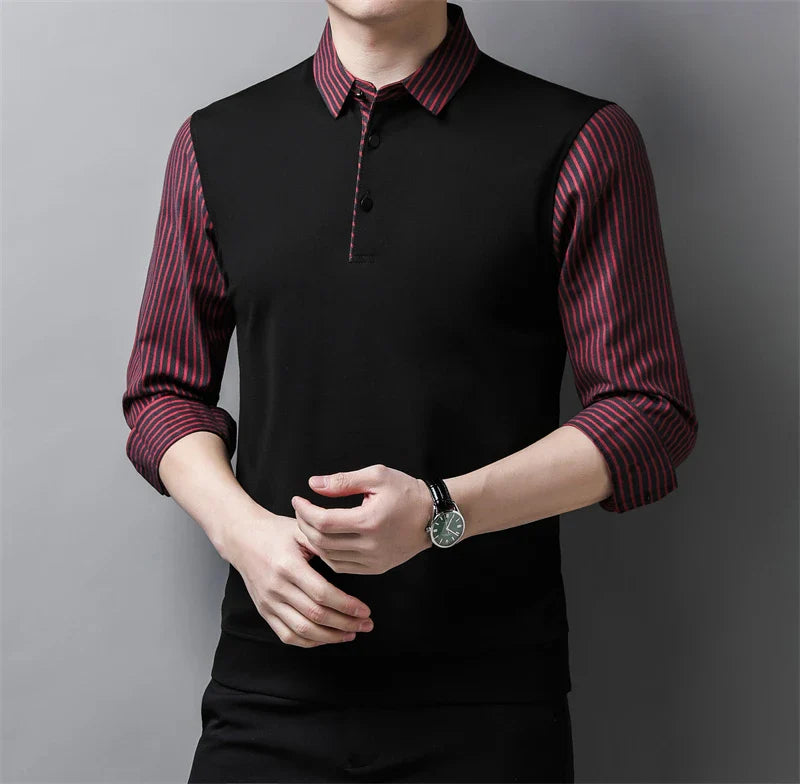 New Men's Casual and Fashionable Long Sleeved POLO Shirt with Contrasting Print Anti Wrinkle Top