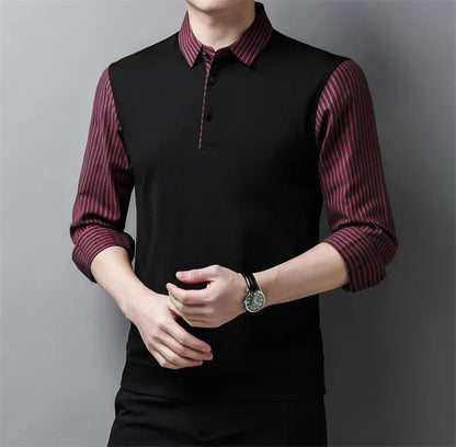 New Men's Casual and Fashionable Long Sleeved POLO Shirt with Contrasting Print Anti Wrinkle Top