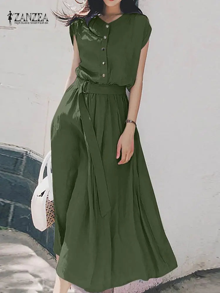 Women Fashion Short Sleeve Dress Summer Elegant Party Vestidos Casual Mid-calf Sundress Femme Vintage OL Robe Kaftan