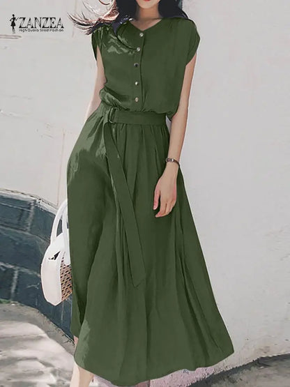 Women Fashion Short Sleeve Dress Summer Elegant Party Vestidos Casual Mid-calf Sundress Femme Vintage OL Robe Kaftan