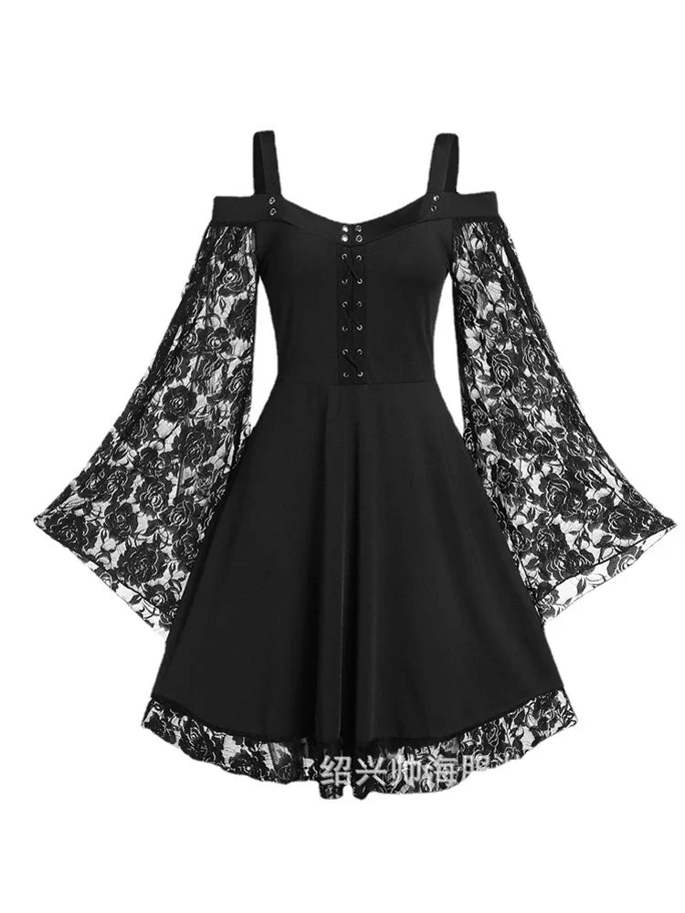 One-shoulder Lace Stitching Flared Sleeve Dress Literary Vintage Autumn Grunge Black A-line Dress Punk Partywear
