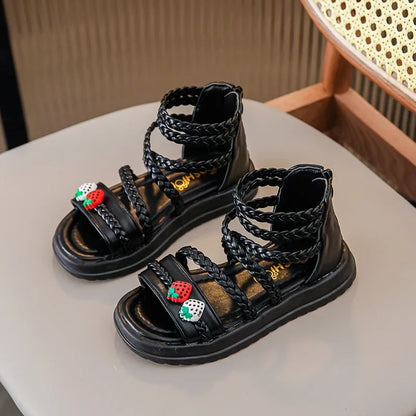 Kids Girls GLADIATOR Sandals Open Toe Knitted Strawberry Summer Non Slip Flat Fashion Children Casual Shoes Roman Shoes Simple