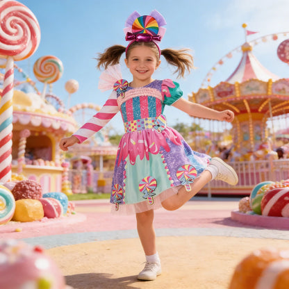 Girls Candy Fairy Lollipop Cosplay Costume Toddler Carnival Purim Rainbow Vestidos Girls Birthday Party Long Short Sleeves Dress