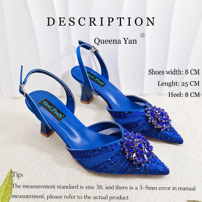 New Itlian Design Blue Color Rhinestone High Heel Shoe And Bag Fashion Style Pointed-Toe Shoes For Comfort Included Women Shoes