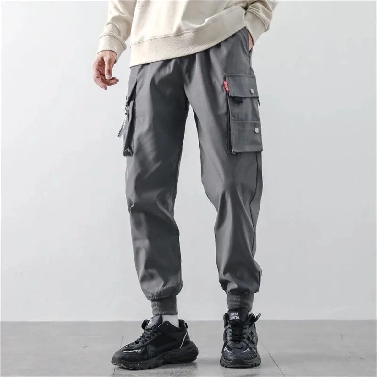 Men's Cargo Pants Casual Hip Hop Hit Color Multiple Pockets Trousers Streetwear Ribbons Techwear Sweatpants Boys