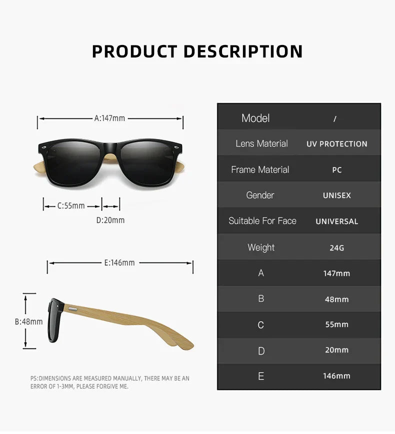 Fashion Bamboo Wood Vintage Square Sunglasses Men Women Luxury Brand Designer Sun Glasses Wooden Driving Fishing Eyewear