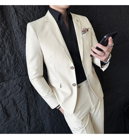 Men's Korean Style Slim Fit Suit Set, High Quality Fabric Solid Color Edge Pressing for Wedding Business