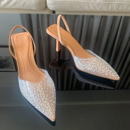 2024 Moda Verão Feminina Salto Alto Decoração de Pérolas Slingback Scarpin Feminino Salto Fino Bico Fino Sandálias Sapatos Femininos Elegantes